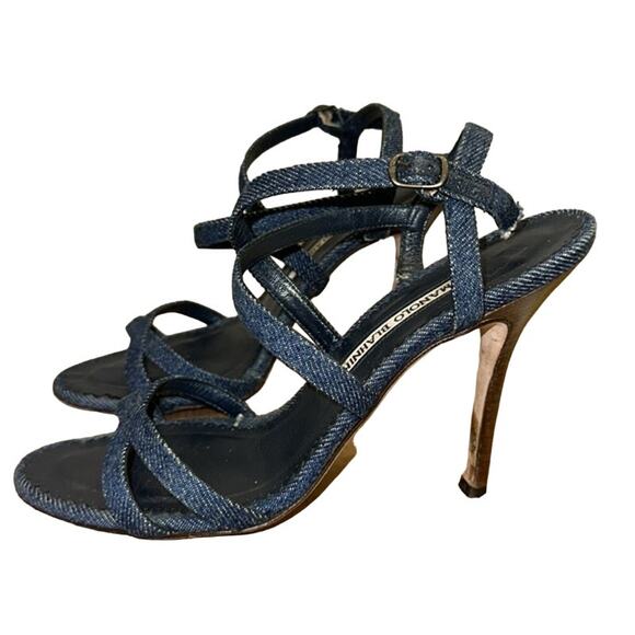 Manolo Blahnik Denim Crossover Heels - Picture 10 of 11